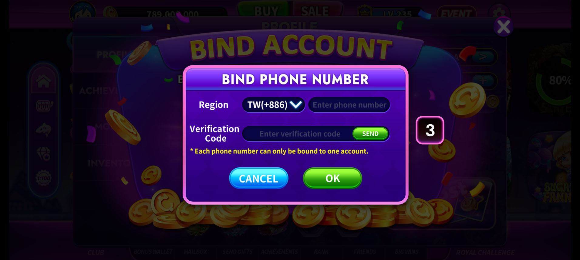 CASINONIA Bind Account window