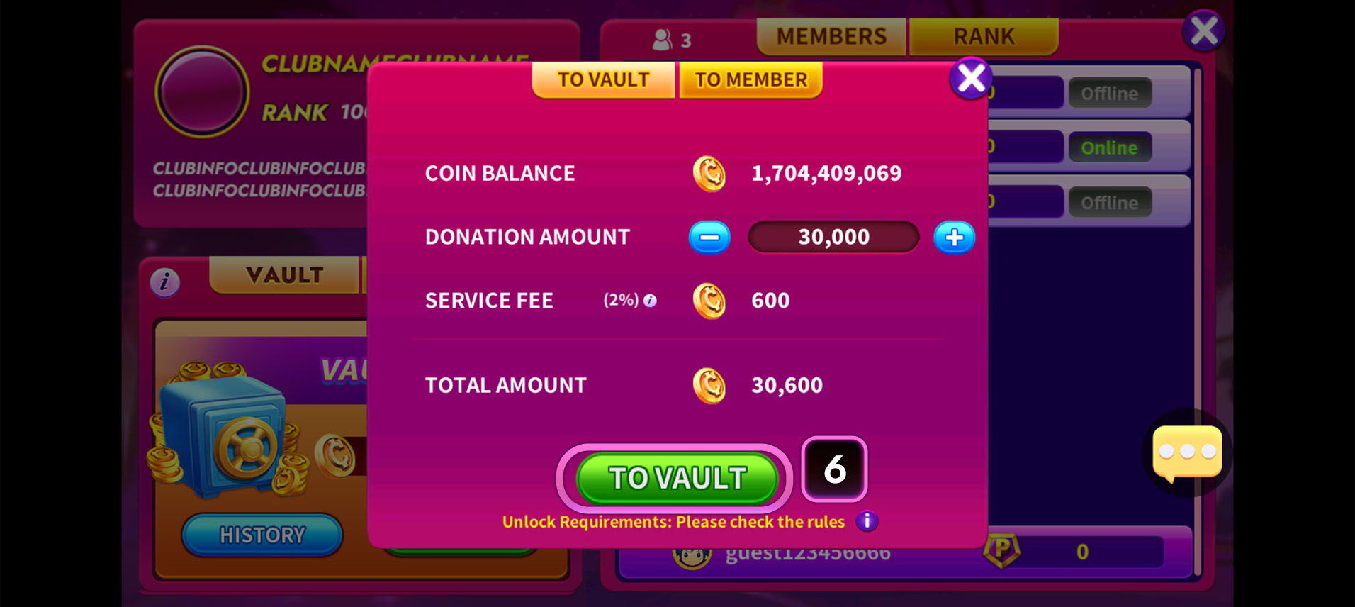 CASINONIA Club Vault Donate feature