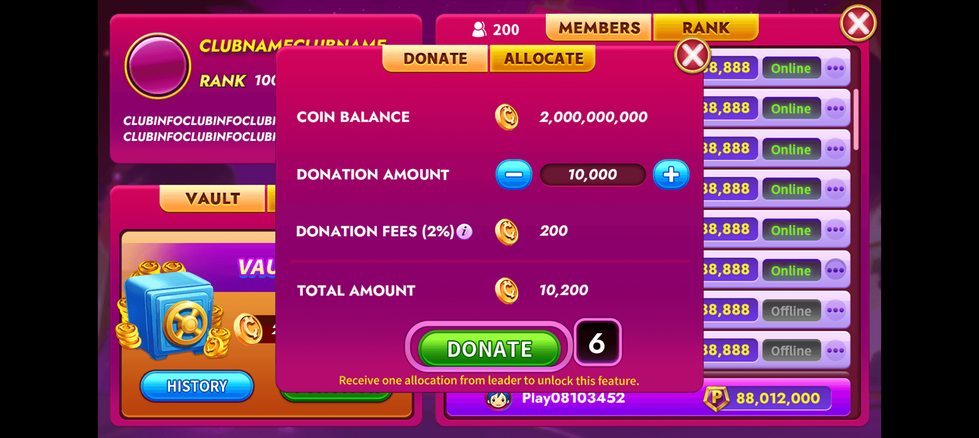 CASINONIA Club Vault Donate feature