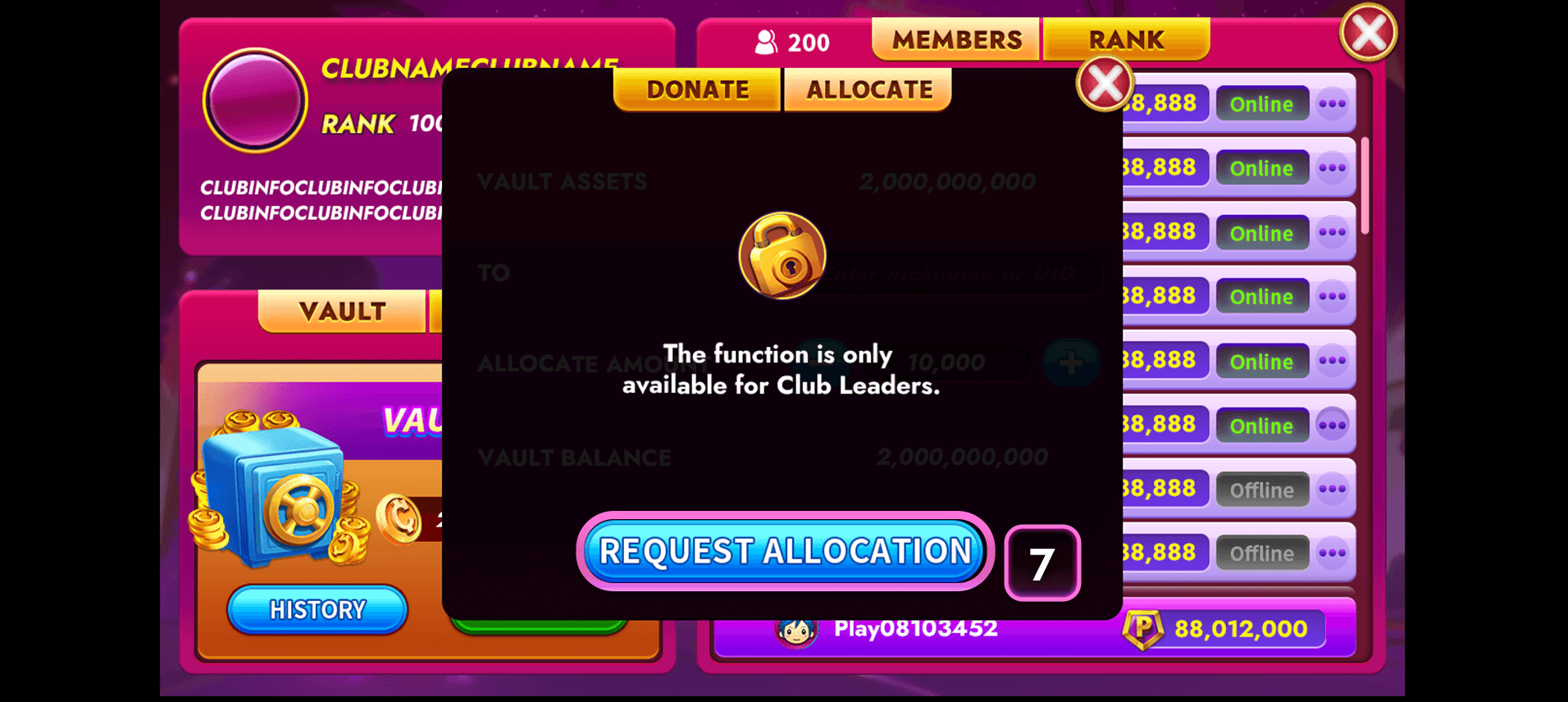 CASINONIA Club Vault Donate feature